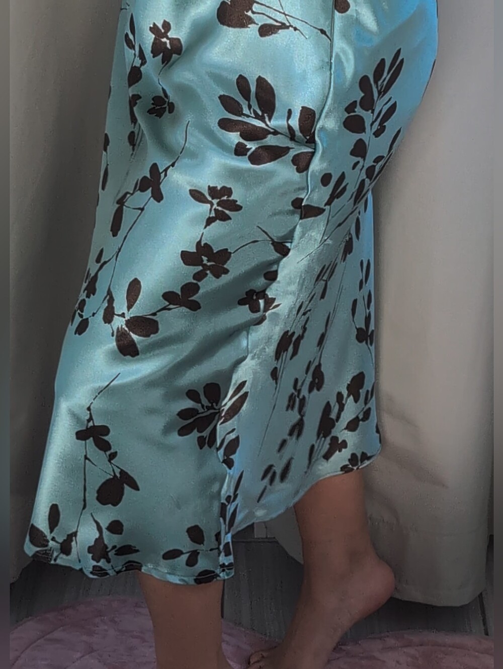 Turquoise Floral Satin Midi Skirt